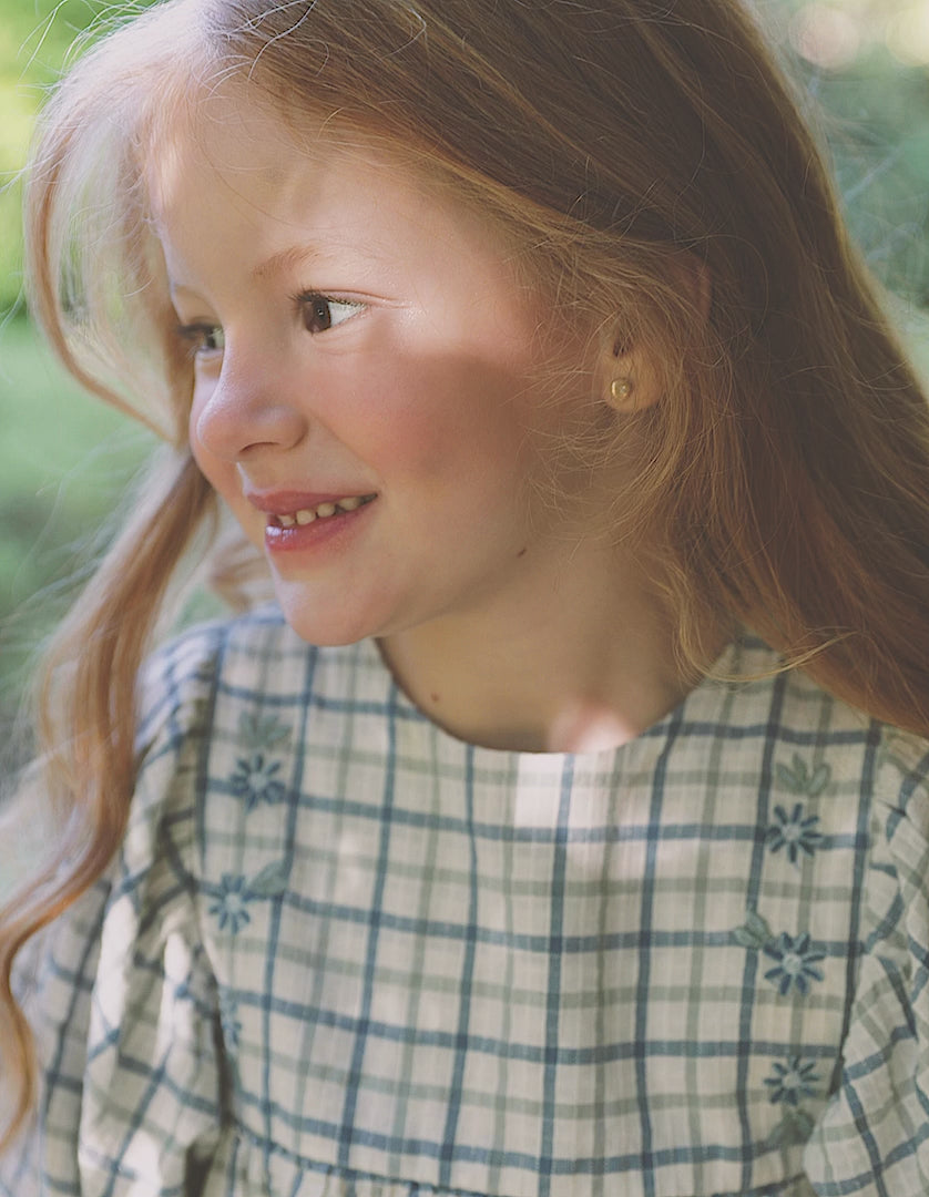 Vestido de algodão com xadrez e mangas balão para menina, multicolor