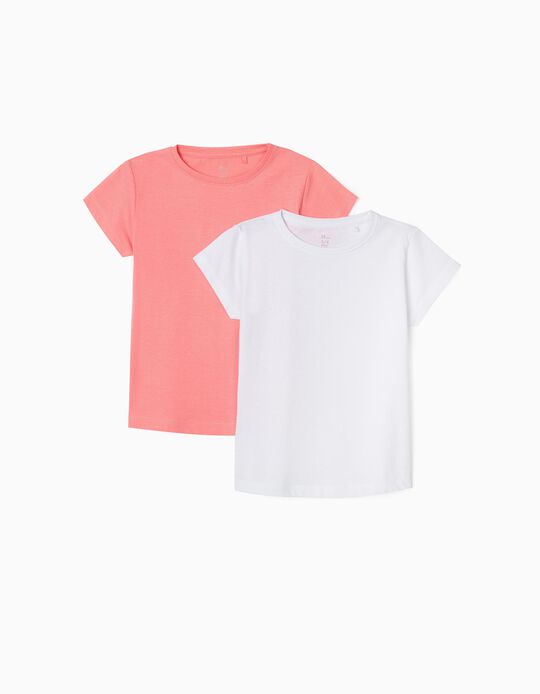2 T-Shirts Unis Fille, Blanc/Rose