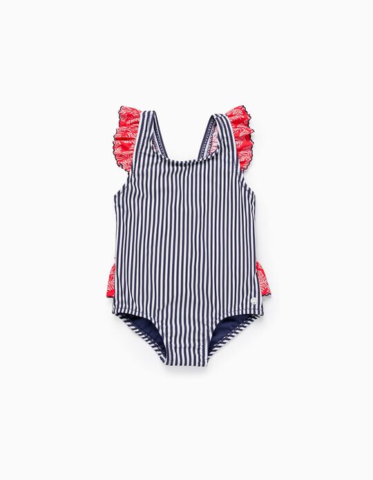 Striped Swimsuit UV 80 Protection for Baby Girls, Dark Blue/White
