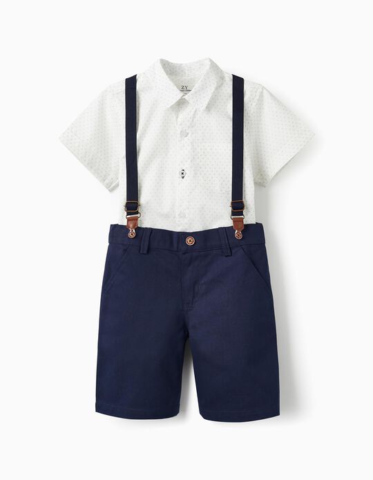 Comprar Online Camisa de Manga Curta + Calções com Suspensórios para Menino, Branco/Azul