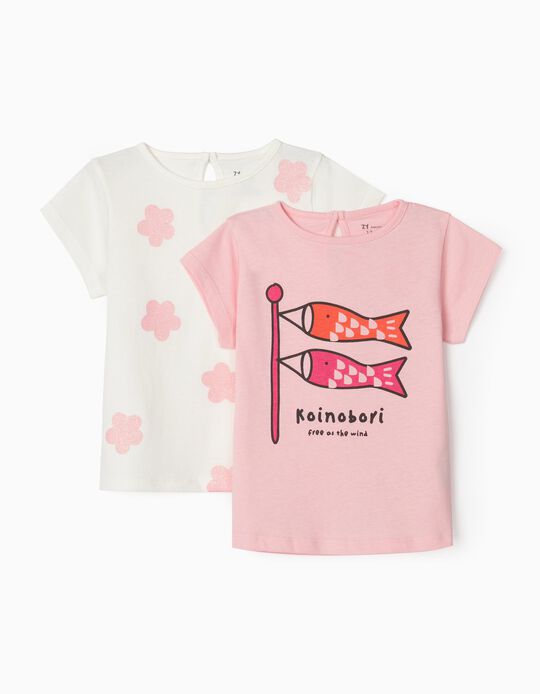 2 T-Shirts para Bebé Menina 'Free', Rosa/Branco