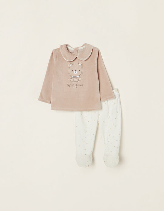 Pijama de Terciopelo 2 en 1 de Algodón para Bebé, Blanco/Beige