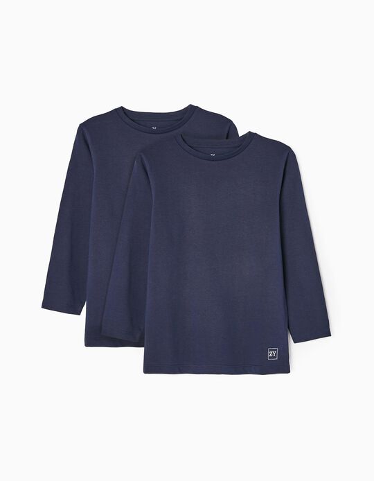 Acheter en ligne Lot 2 T-Shirts Unis Manches Longues Garçon, Bleu Foncé