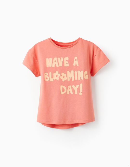 T-Shirt de Algodão para Menina 'Have a Blooming Day!', Coral