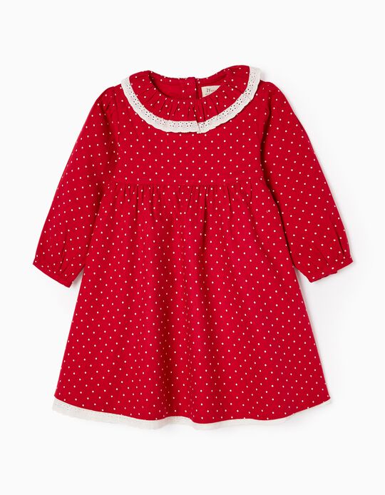 Long Sleeve Dress in Cotton with Polka-Dots for Baby Girls, Red