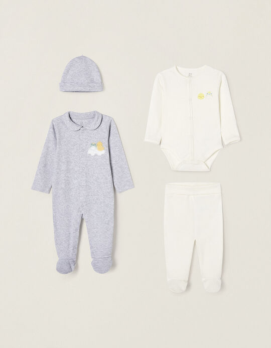 4-Piece Set in Cotton for Newborn Baby Boys 'Frog & Chick', White/Grey