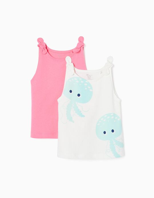 Pack 2 Cotton Tops for Baby Girls, Pink/White