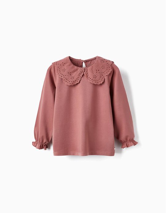 Long Sleeve T-shirt with English Embroidery Collar for Girls, Pink