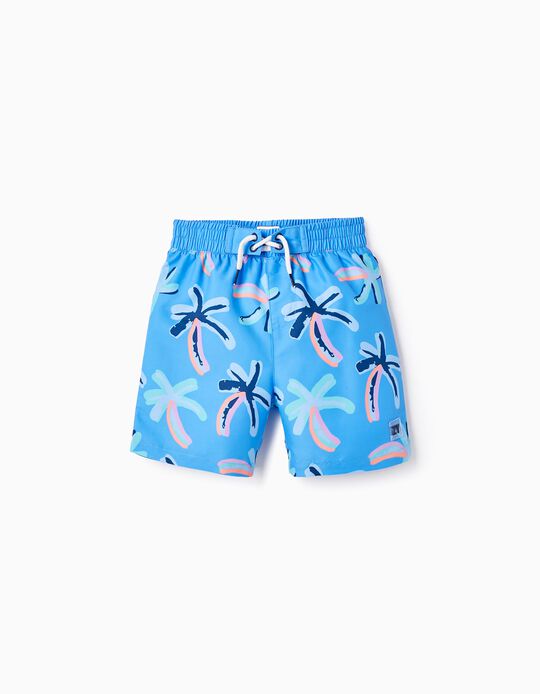 UPF 80 Swim Shorts with Palm Trees Pattern for Boys, Blue