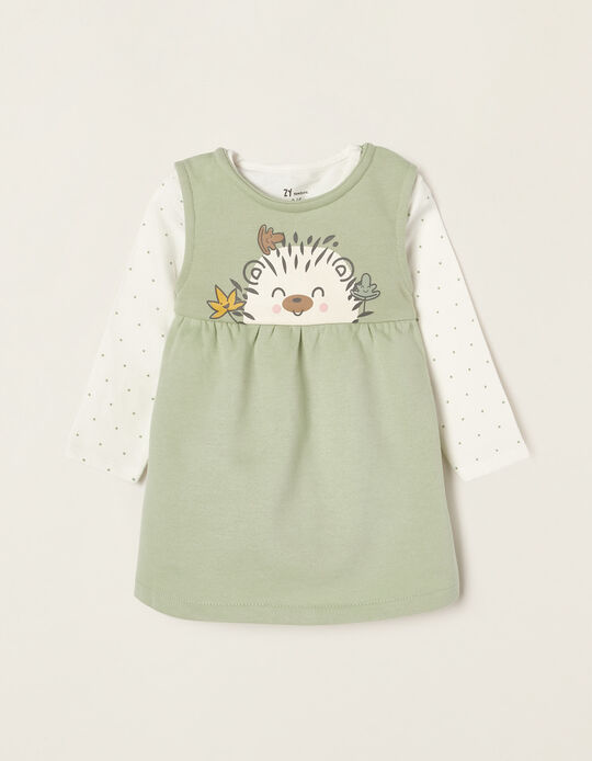 Bodysuit + Dress in Cotton for Newborn Baby Girls 'Hedgehog', Green/White