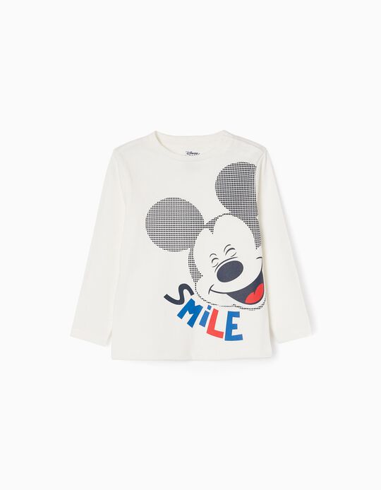 T-shirt de Manga Comprida em Algodão para Bebé Menino 'Happy Mickey', Branco