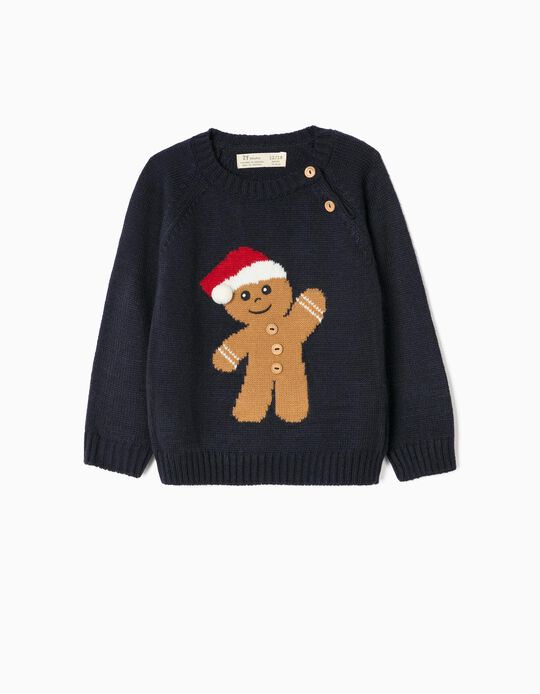 Pull de Noël Bébé Garçon 'Gingerbread Man', Bleu Foncé