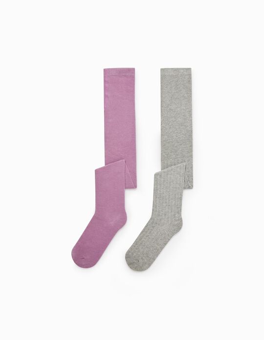 2-Pack Cotton Tights for Girls, Lilac/Grey