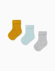 3 Pairs of Cuffed Socks for Baby Boys, Yellow/Blue/Grey