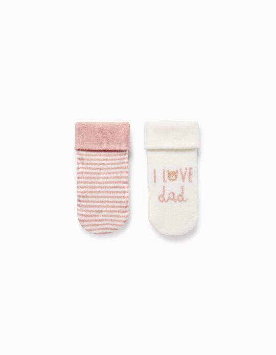 Pack of 2 Pairs of Thick Socks for Baby Girls 'I Love Dad', White/Pink