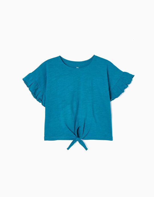 Cropped Cotton T-shirt with Knot for Girls, Turquoise