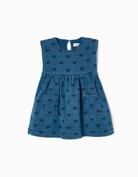 Denim dress in Cotton with Hearts for Baby Girls, Blue