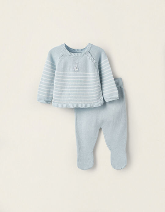 Sweatshirt + Trousers with Feet in Knit for Newborn Boys, White/Blue