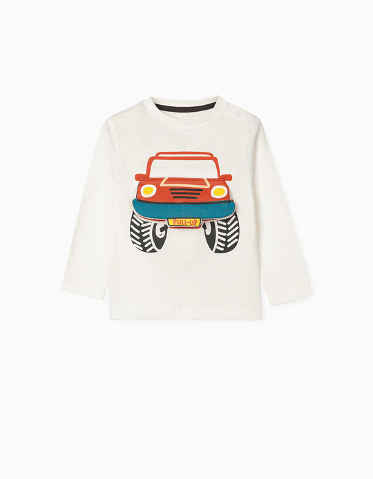 Long Sleeve Top for Baby Boys, 'Tractor', White
