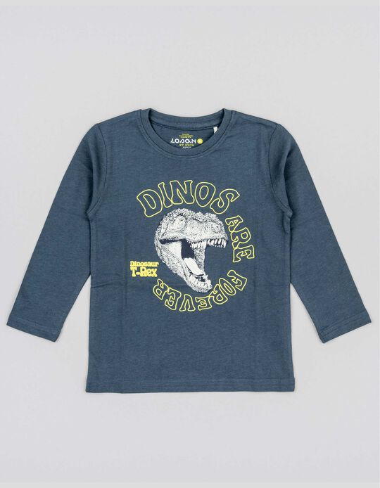T-Shirt de Algodão para Menino 'Dinos Are Forever', Azul Escuro