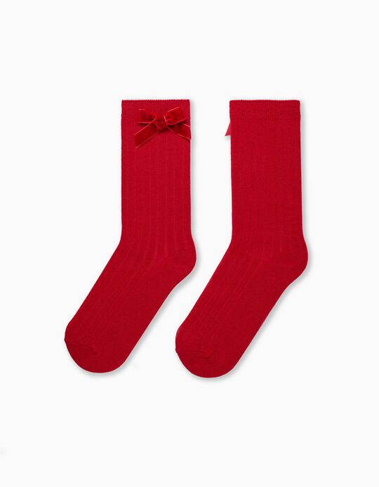 High Socks with Velvet Bow for Girls, Red