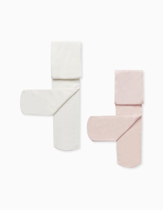 Comprar Online Pack 2 Collants de Microfibra para Menina, Branco/Rosa Claro