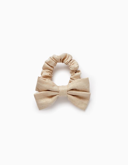 Elastic Scrunchie with Bow and Lurex Threads for Baby and Girl, Light Beige/Gold