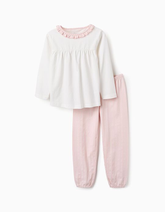 Comprar Online Pijama de Algodão com Folhos e Riscas para Menina, Rosa/Branco