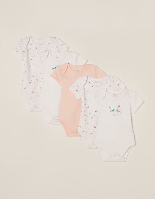 Pack of 5 Bodysuits for Newborn Girls and Baby Girls 'Happy Day', White/Pink