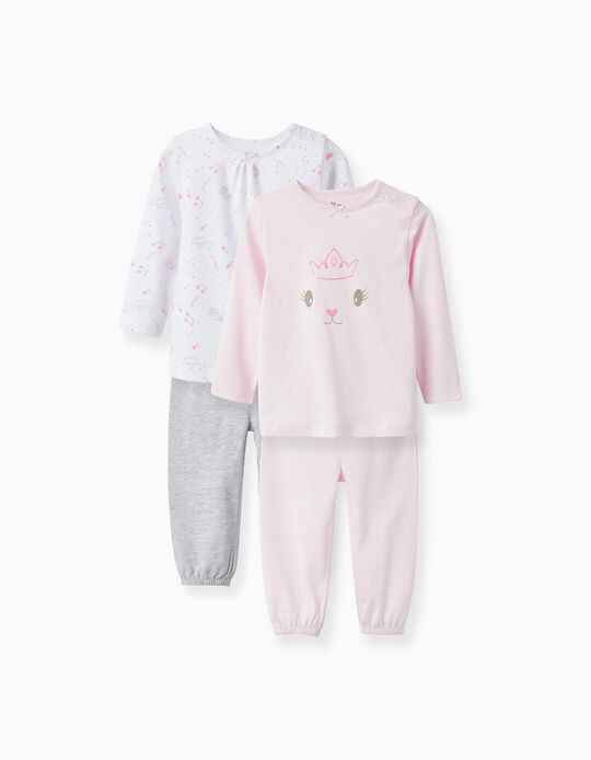 Pack 2 Pijamas de Algodão para Menina 'Bedtime Routine', Rosa/Branco/Cinza
