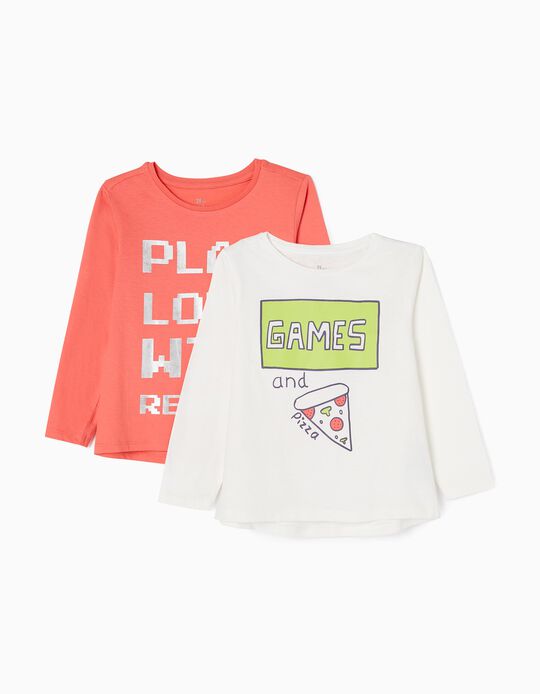 Lot 2 T-shirts en Coton Fille 'Games & Pizza', Blanc/Corail