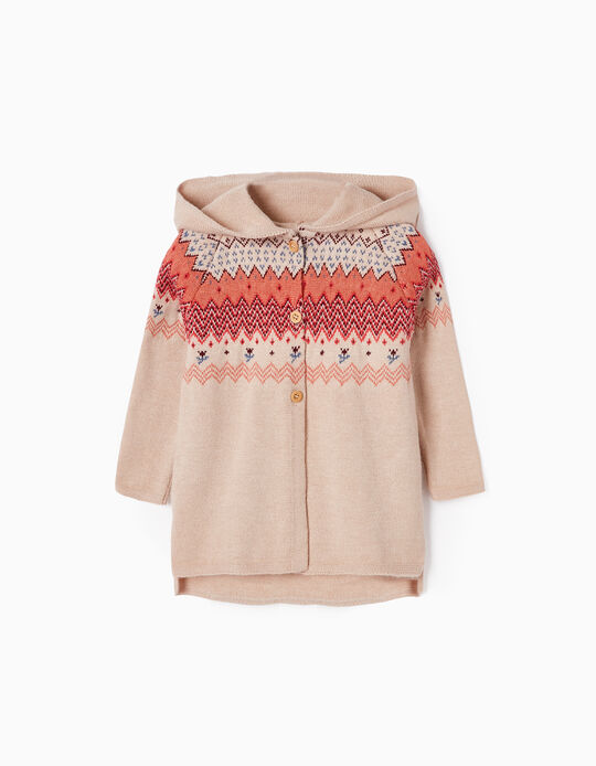 Cardigan with Jacquard and Hood for Baby Girls, Beige/Pink