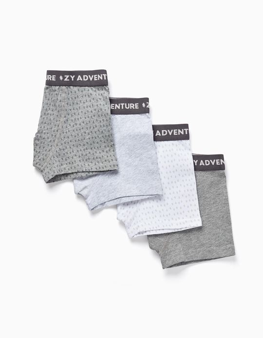 Pack of 4 Cotton Boxers for Boys 'Adventure', White/Gray