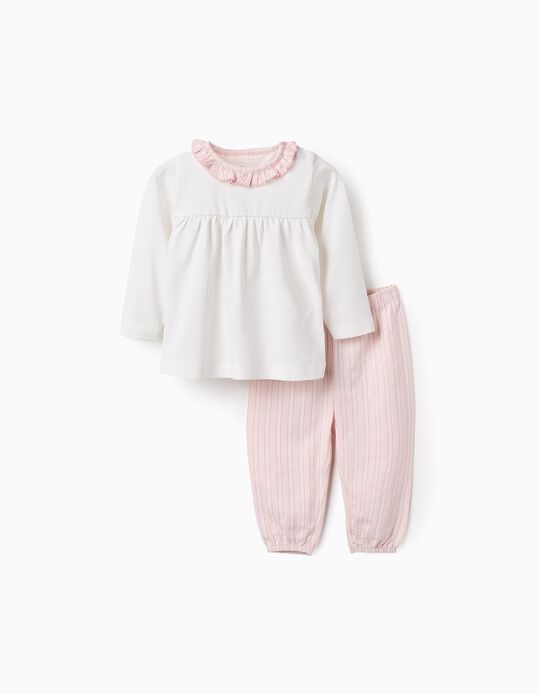 Comprar Online Pijama de Algodão com Folhos e Riscas para Bebé Menina, Rosa/Branco
