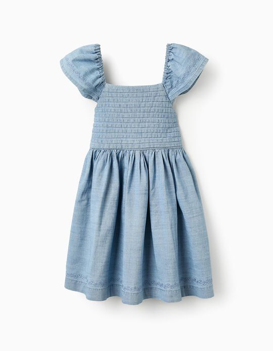 Buy Online Denim Dress with Flowers for Girls, Blue