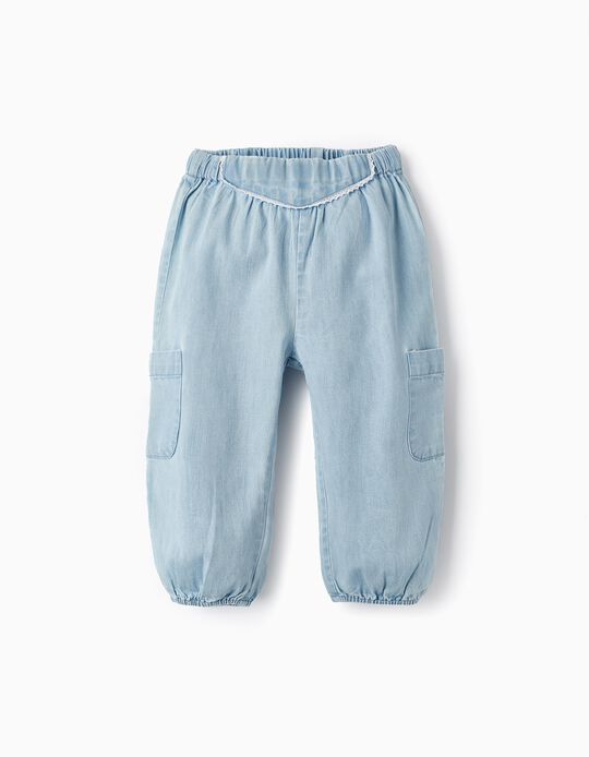 Cotton Denim Trousers for Baby Girls, Light Blue