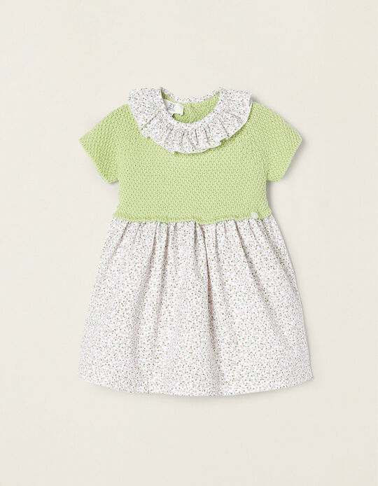 Dual Fabric Floral Dress for Newborns, Green/Pink