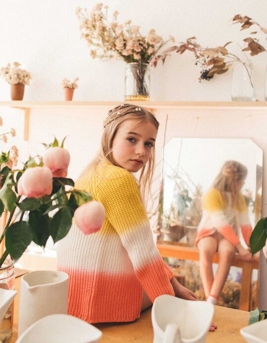 Degradé Knit Cardigan for Girls, Yellow/White/Pink
