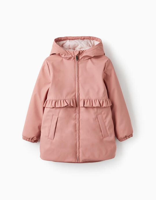 Rubber Parka with Hood and Ruffles for Girls, Pink