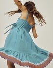 Striped Dress in Cotton and Linen for Girls, Turquoise