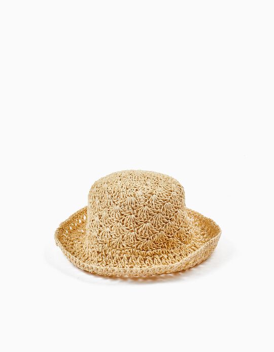 Medium Brim Straw Hat for Girls, Beige
