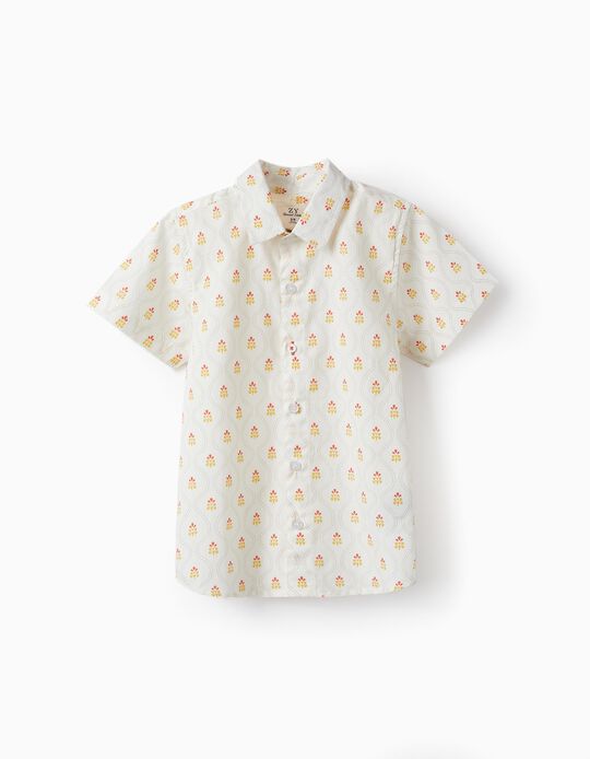 Camisa de Manga Curta em Algodão para Menino, Branco/Amarelo/Vermelho