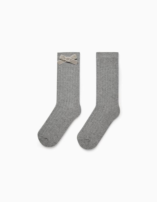 Knee-High Socks with Velvet Bow for Girls, Grey