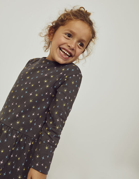 Cotton Cardigan Dress with Stars for Girls, Grey