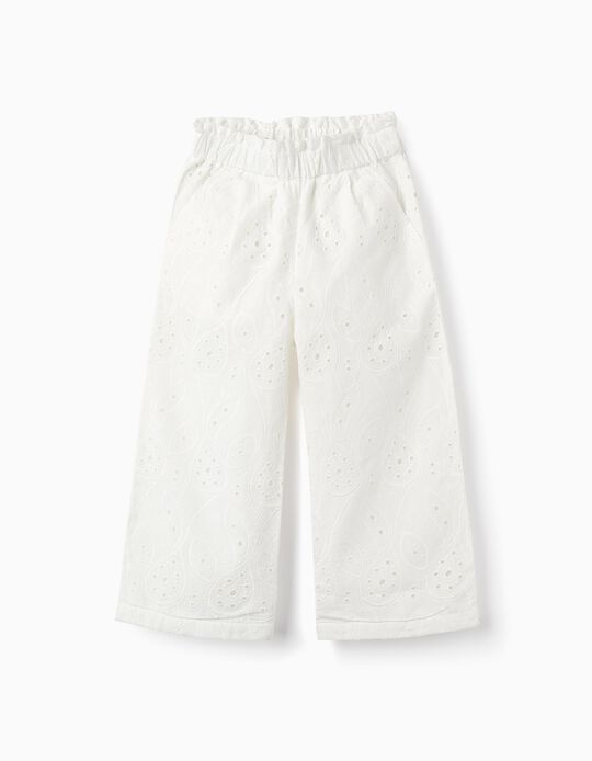 Trousers with English Embroidery for Girls, White