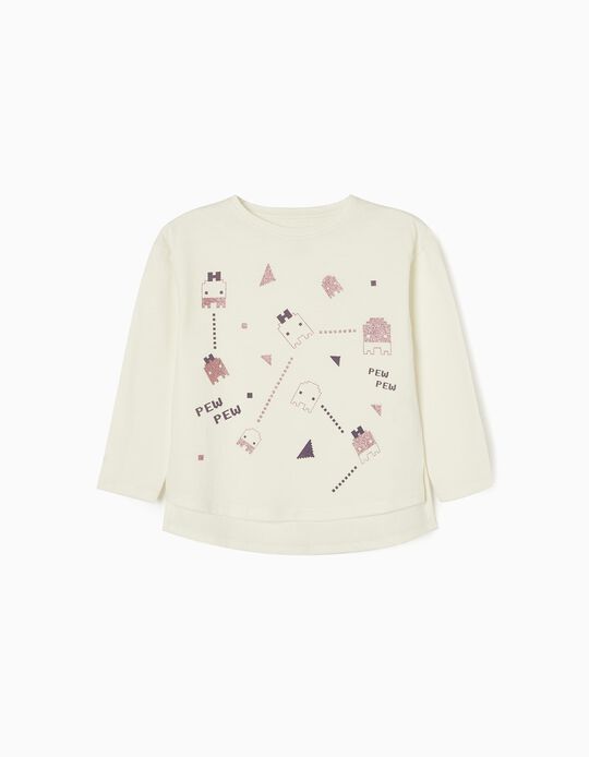 Long Sleeve Cotton T-shirt for Girls 'Gaming', White