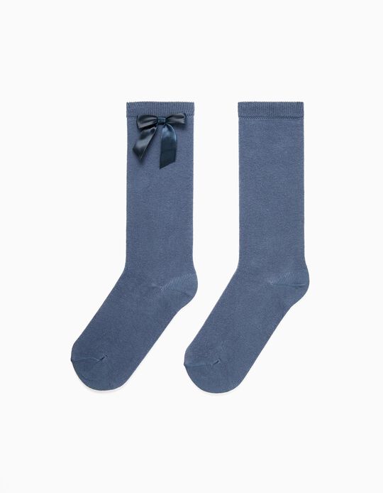 Knee-High Socks with Satin Bow for Girls, Blue