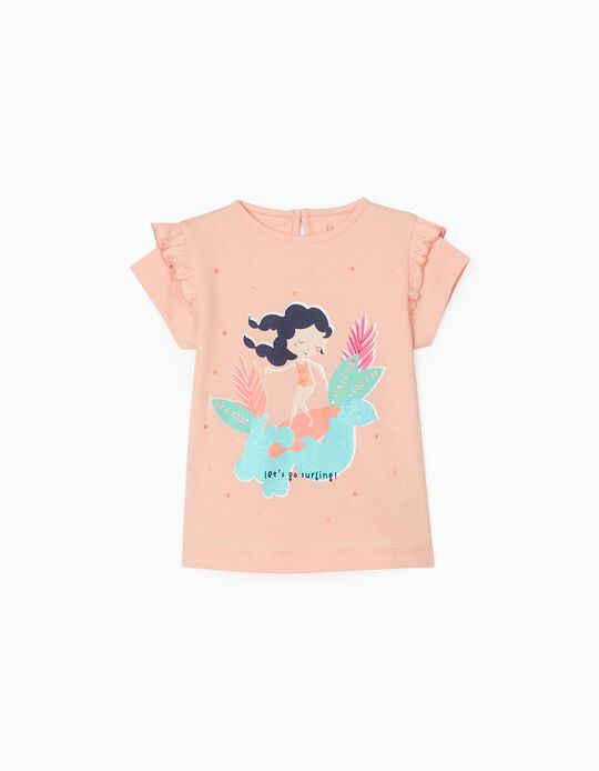 Printed T-Shirt for Baby Girls 'Surfing', Coral