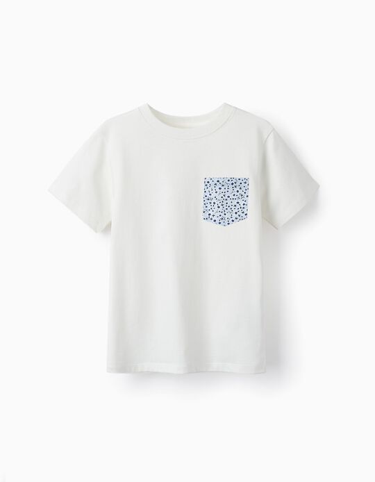 Cotton T-Shirt with Pocket for Boys, White/Blue