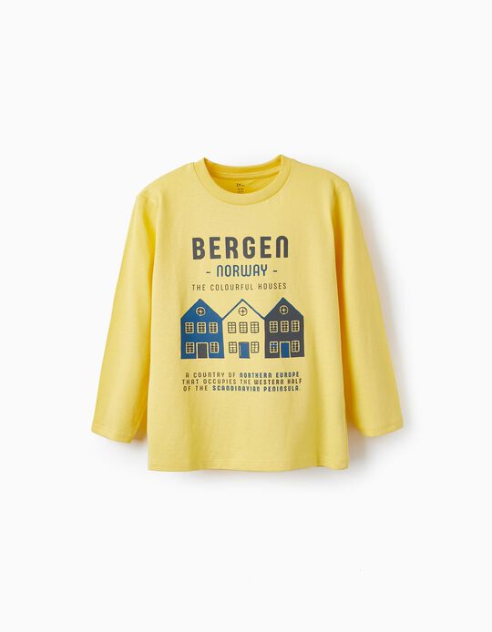 T-Shirt Manga Comprida em Algodão para Menino 'Bergen - Norway', Amarelo
